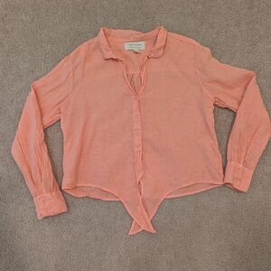Cloth & Stone Peach Button-Down Tie Front Linen Shirt